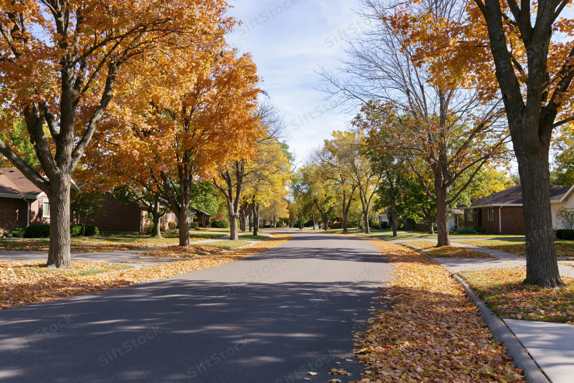 Suburban street lined with mature trees in full autumn foliage, fallen leaves covering pavement and sidewalks, houses visible along both sides