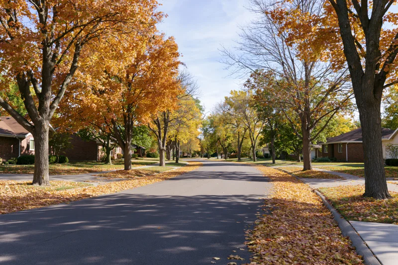 Suburban street lined with mature trees in full autumn foliage, fallen leaves covering pavement and sidewalks, houses visible along both sides