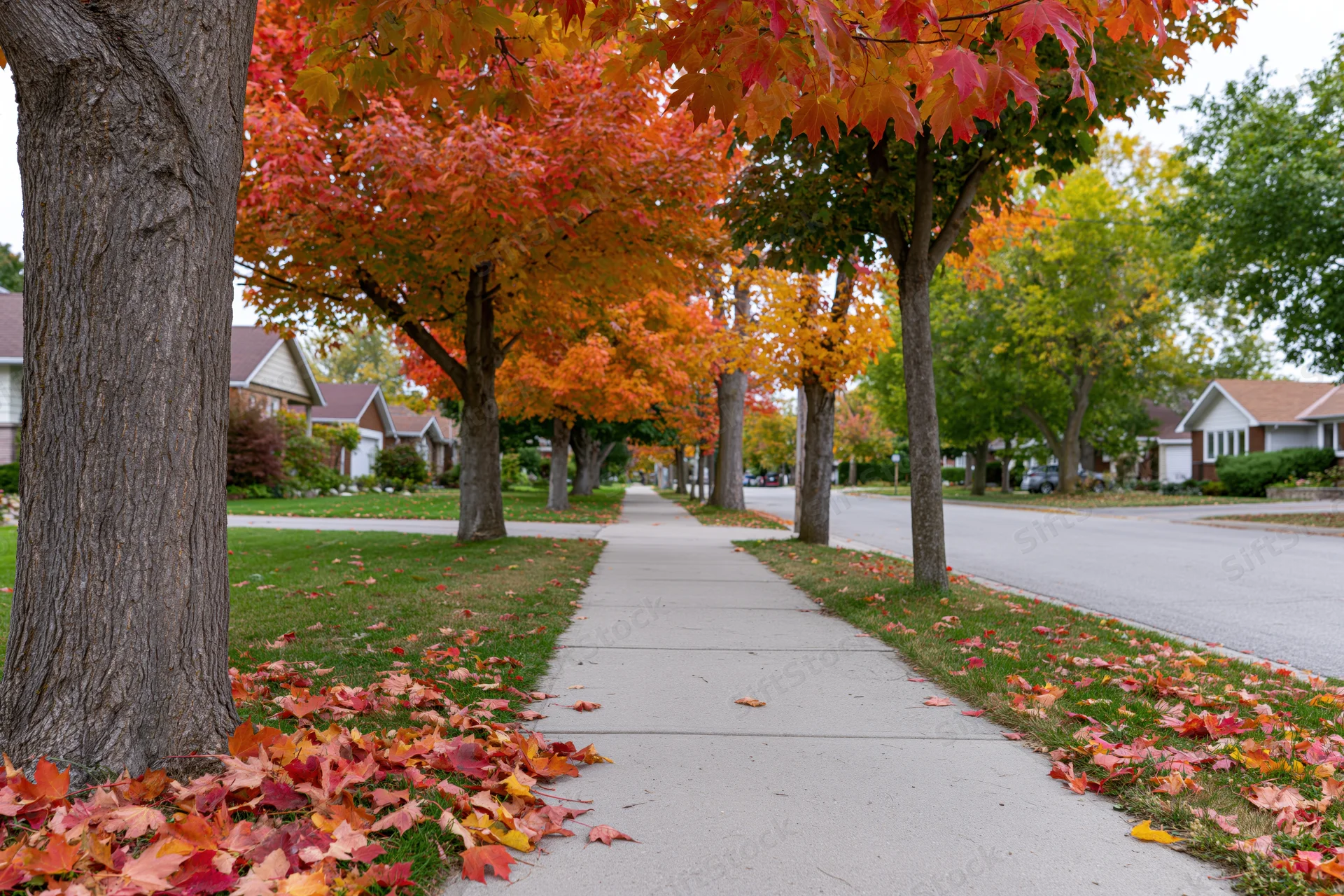 Maple trees lining a suburban sidewalk with fallen autumn leaves in a quiet residential neighborhood