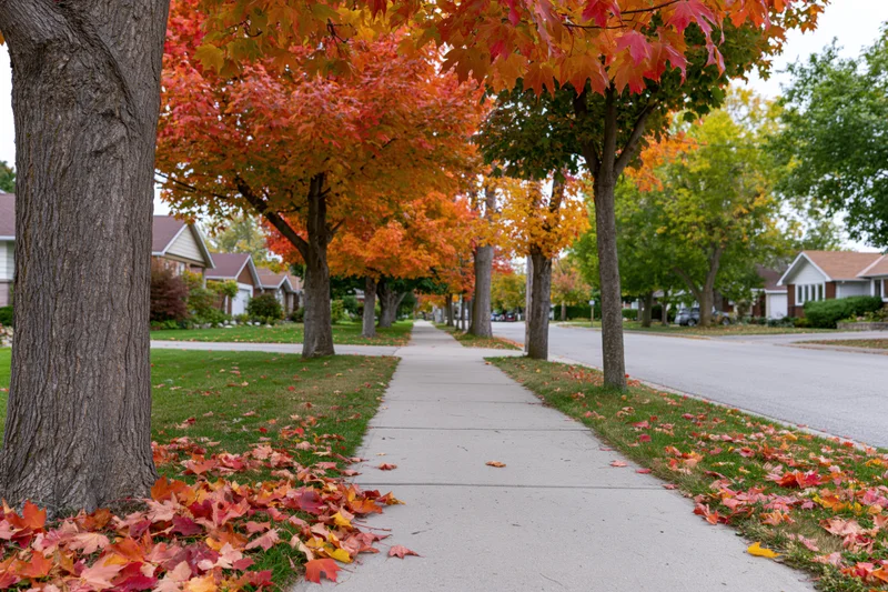 Maple trees lining a suburban sidewalk with fallen autumn leaves in a quiet residential neighborhood