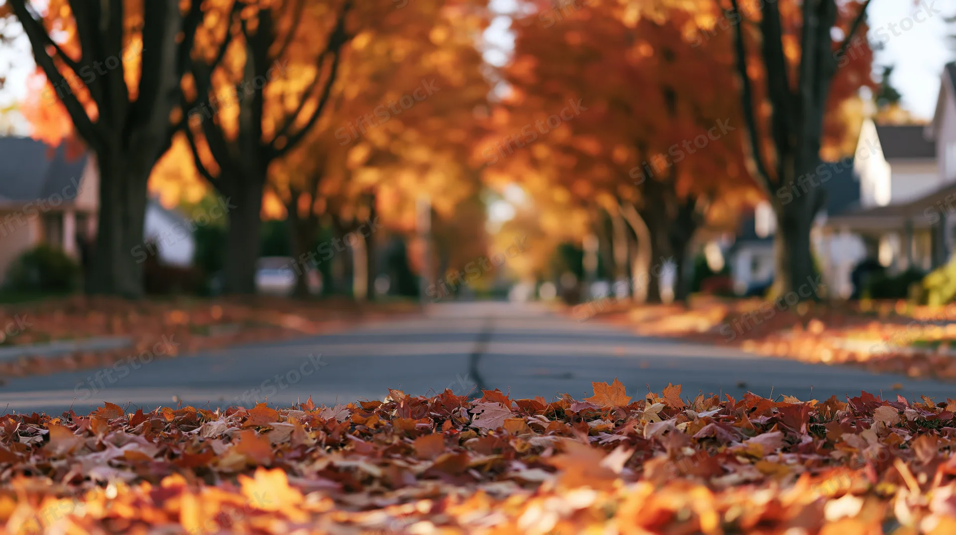 Autumn leaves covering a quiet residential street lined with trees in full fall color