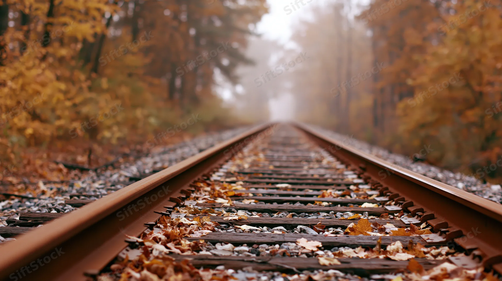 Railroad tracks receding into misty autumn forest with fallen leaves on sleepers