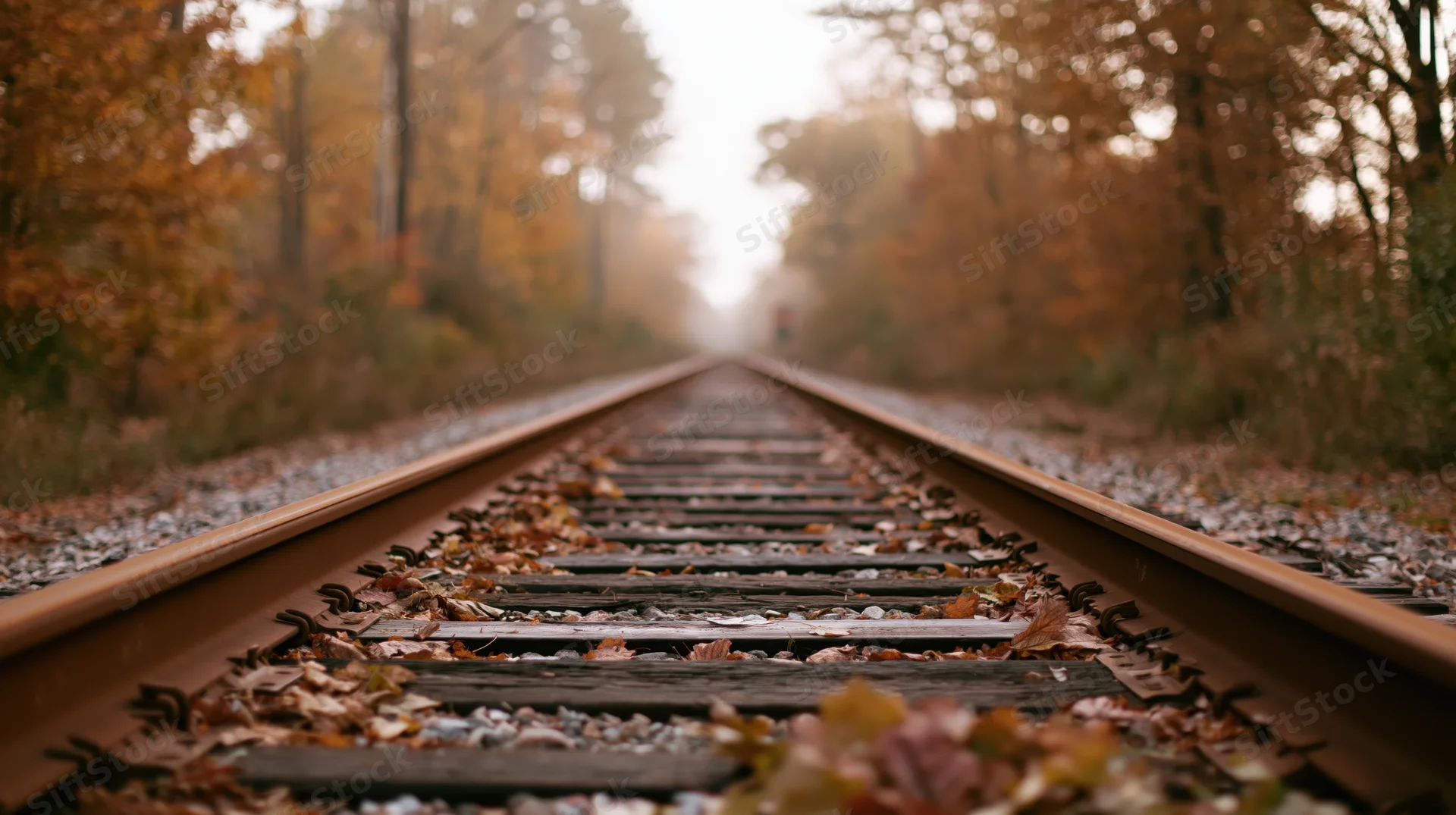 Railroad tracks receding into the distance through an autumn forest with fallen leaves on the rails and gravel bed