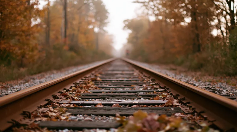 Railroad tracks receding into the distance through an autumn forest with fallen leaves on the rails and gravel bed