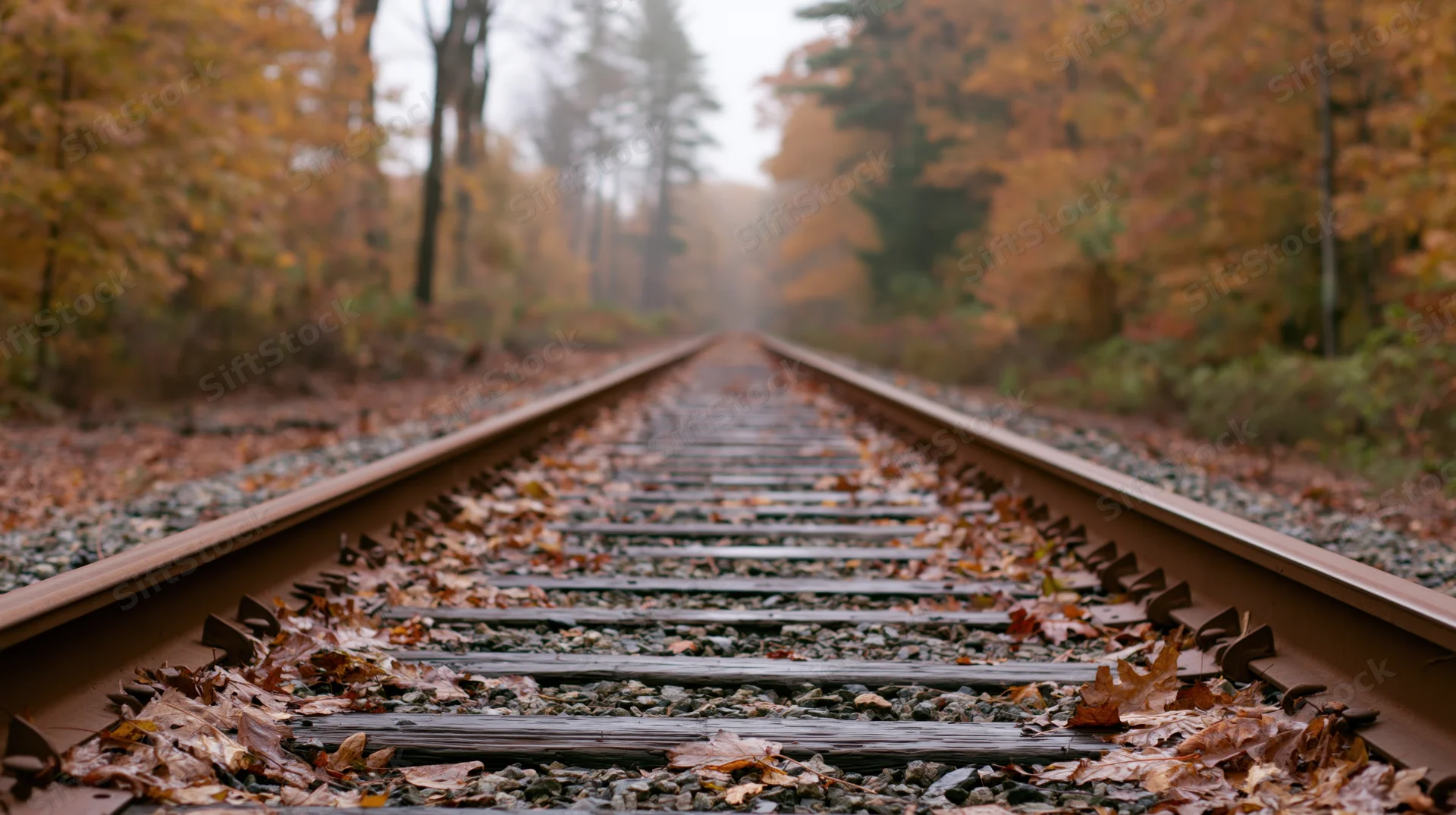 Railroad tracks covered in autumn leaves receding into a misty forest