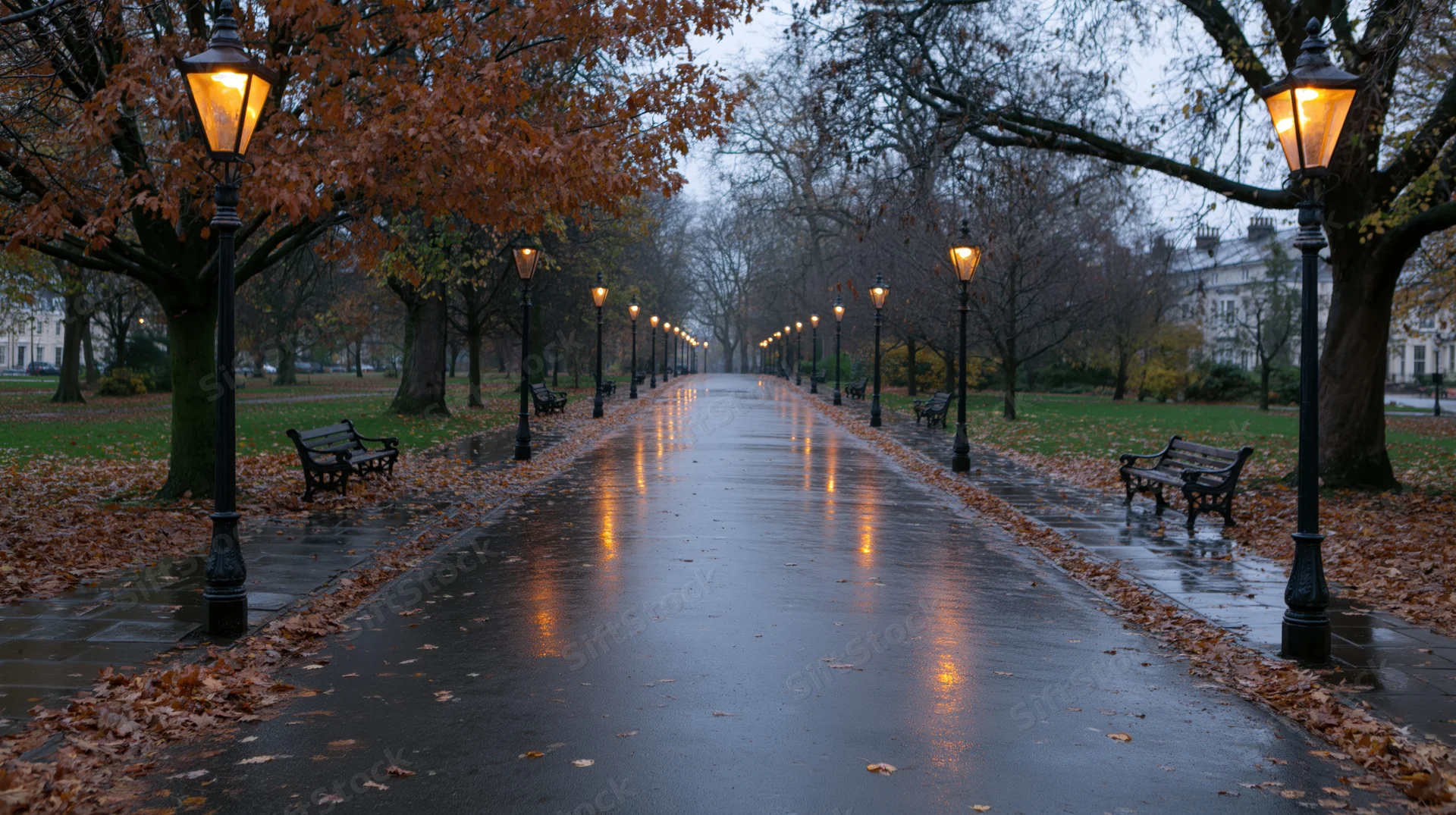 Wet park path lined with glowing lampposts and autumn trees at twilight