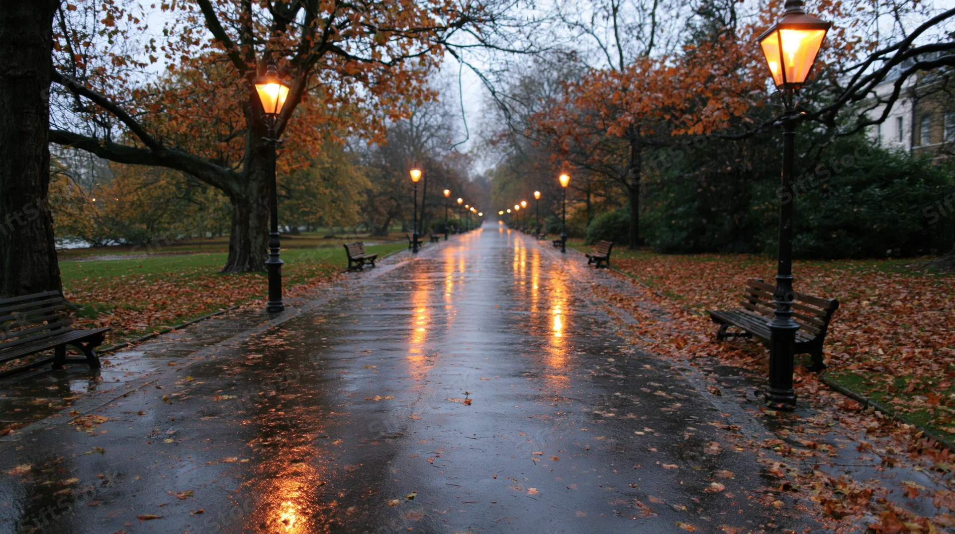 Wet park path lined with glowing lampposts and benches under autumn trees