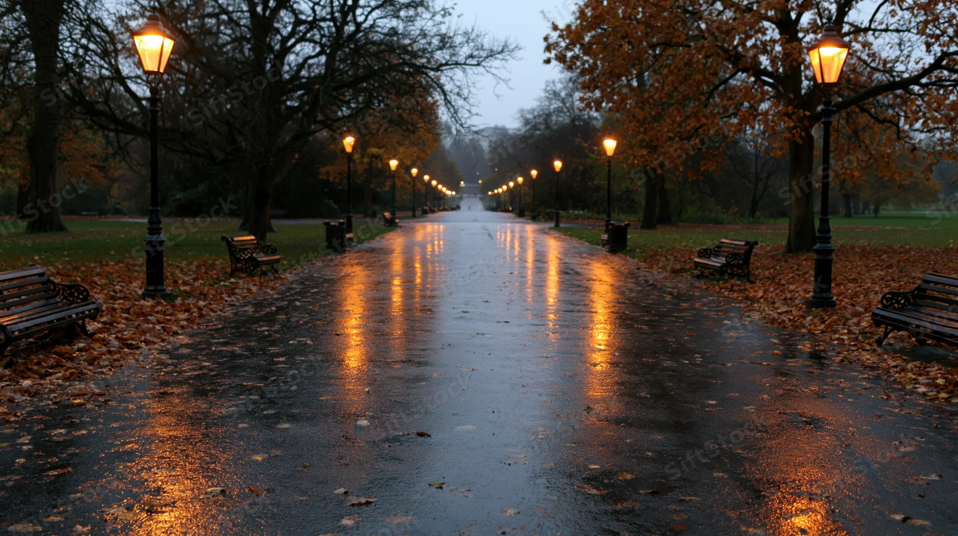 Wet park path lined with glowing lampposts and benches under autumn trees at dusk
