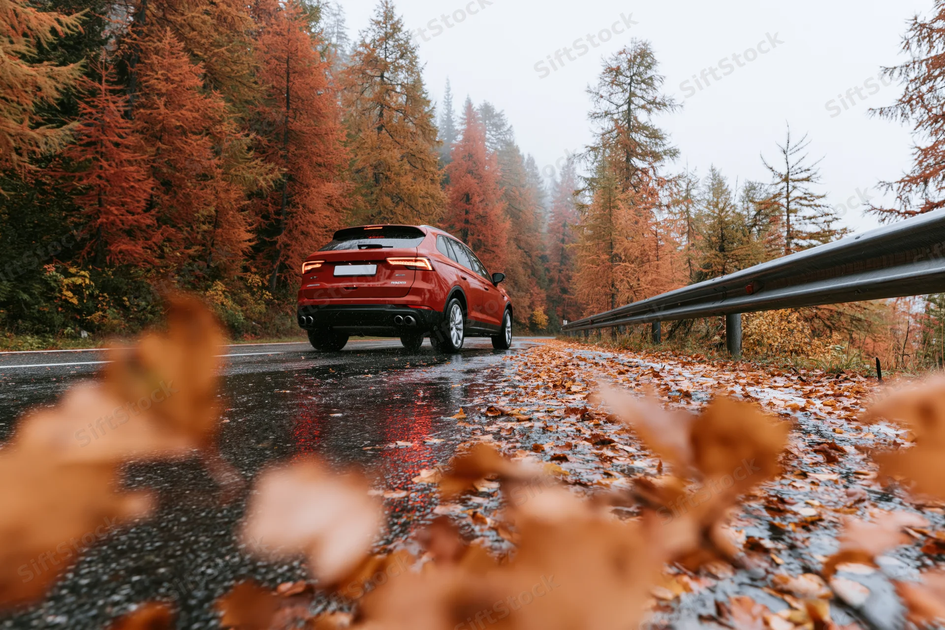 Red suv driving away on wet mountain road covered in fallen autumn leaves surrounded by forest