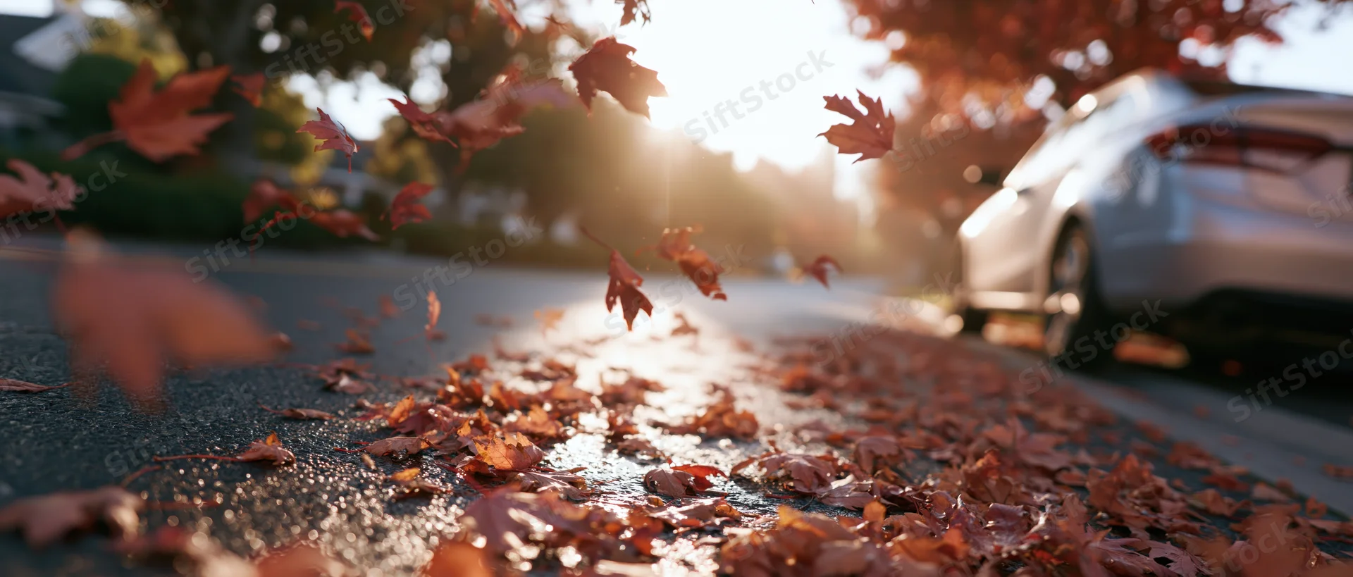 Red and orange maple leaves falling across wet pavement near a silver car on a sunlit residential street
