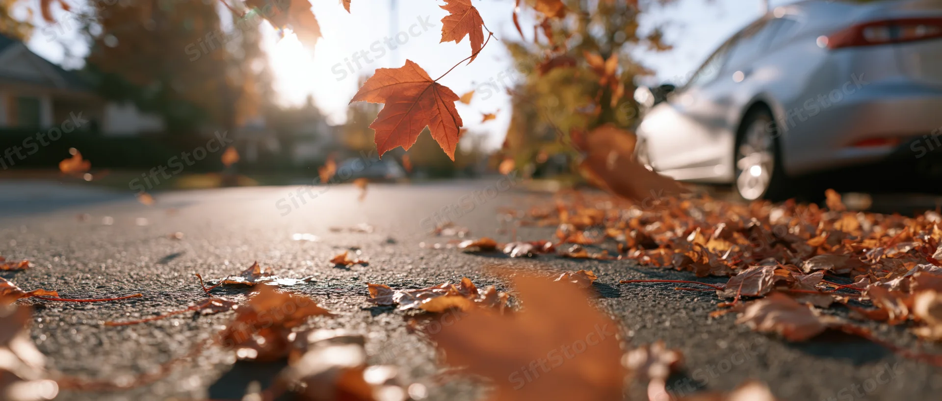 Autumn leaves swirling and falling across a suburban street pavement near a parked silver car