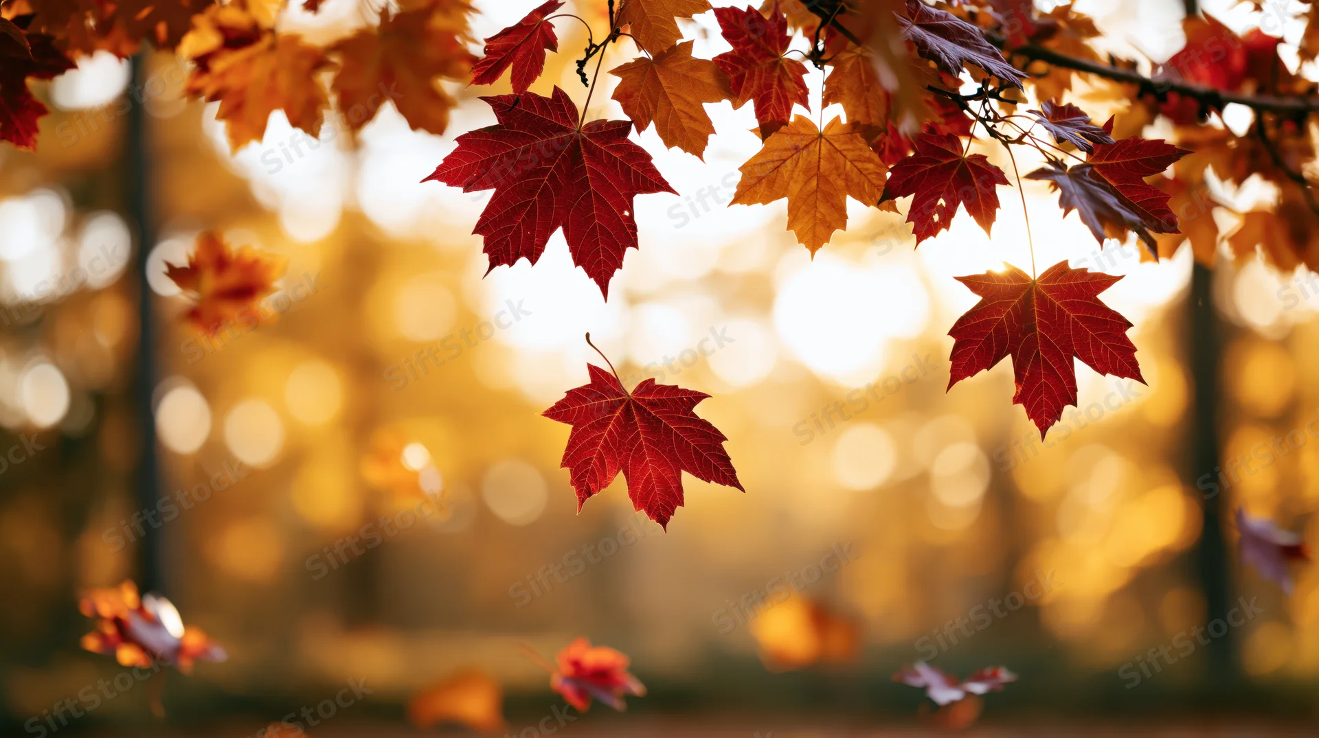 Red and orange maple leaves falling mid-air framed by glowing sunlight in a forest setting