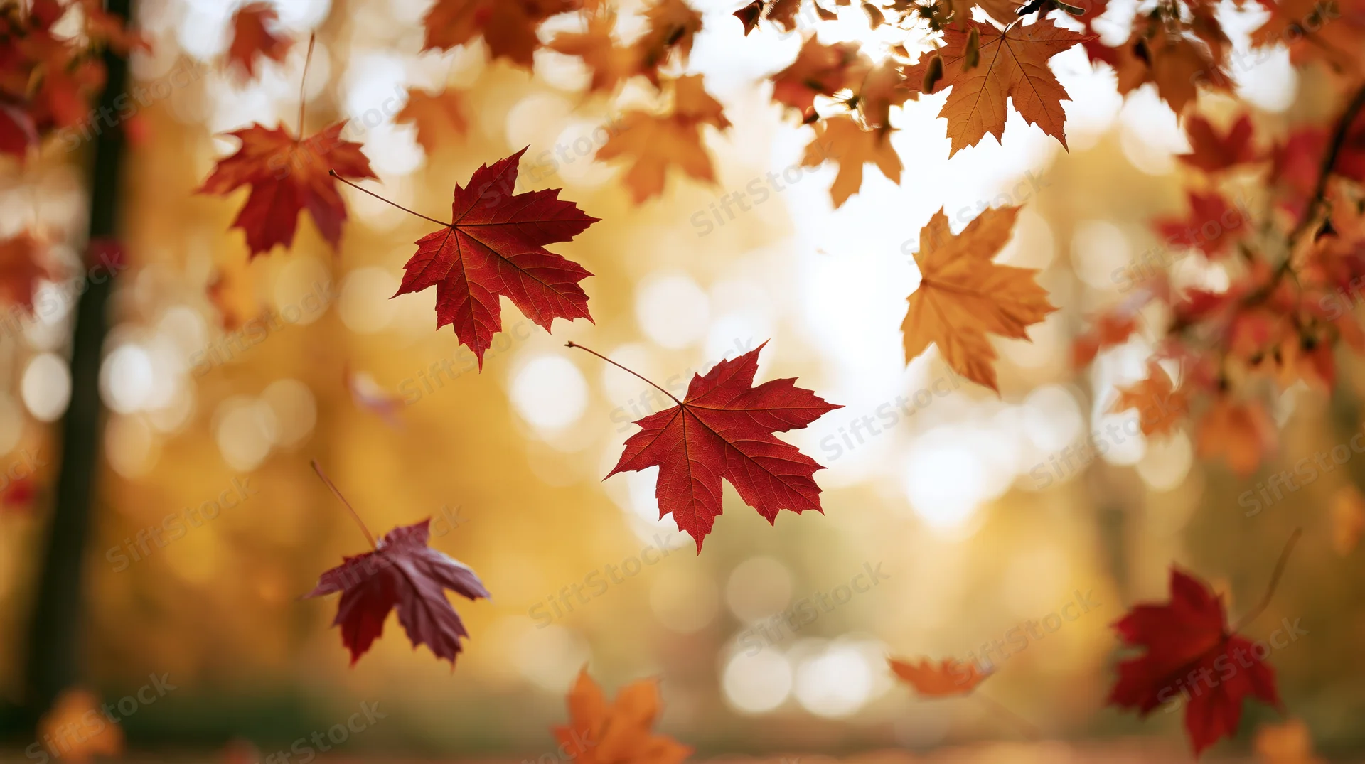 Red and orange maple leaves falling mid-air against a glowing autumn backdrop