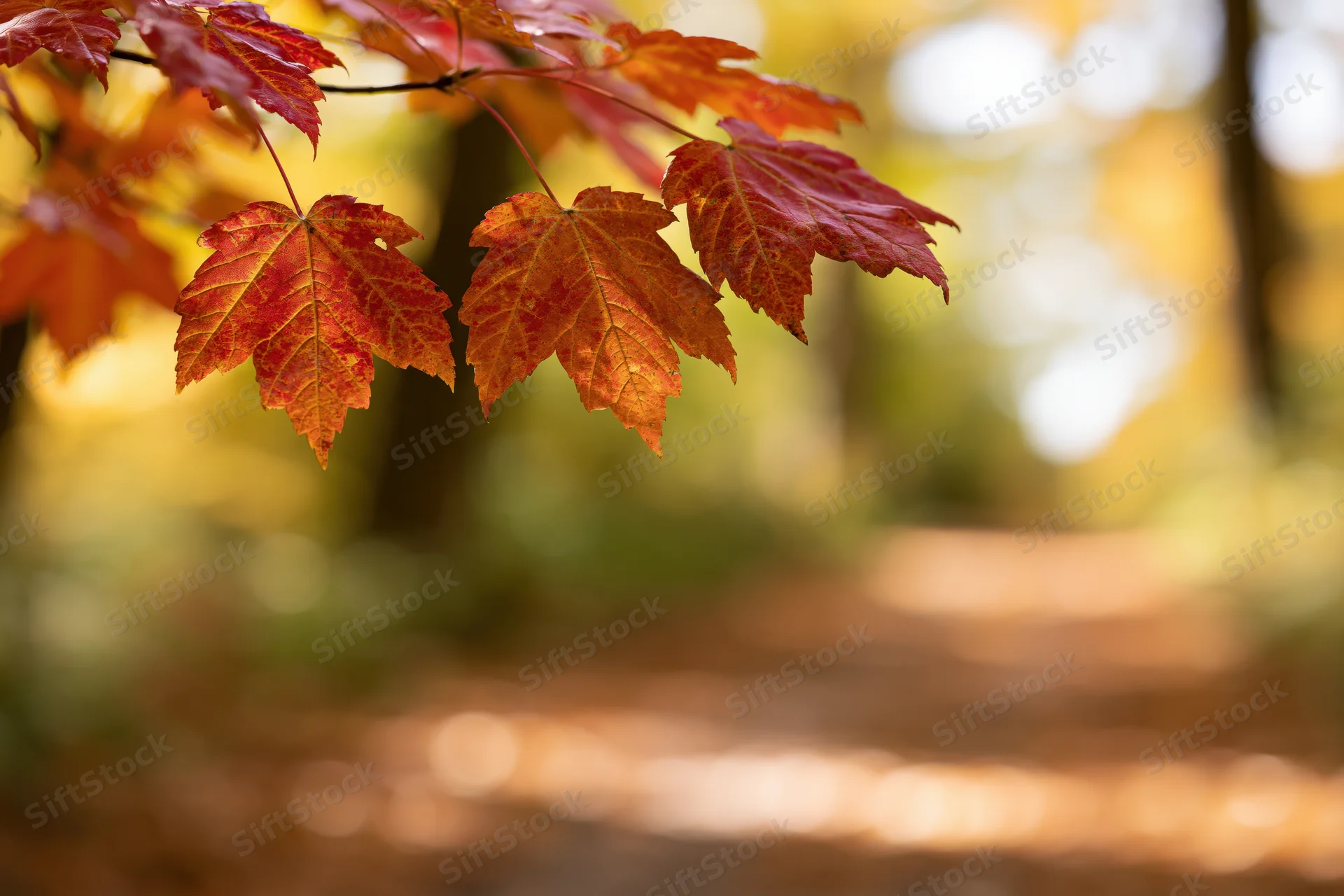 Red and orange maple leaves hanging from a branch in a forest with blurred autumn background