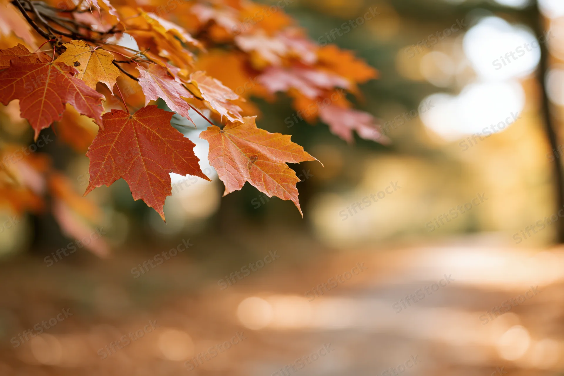 Maple leaves in autumn colors hanging from a branch in a forest setting