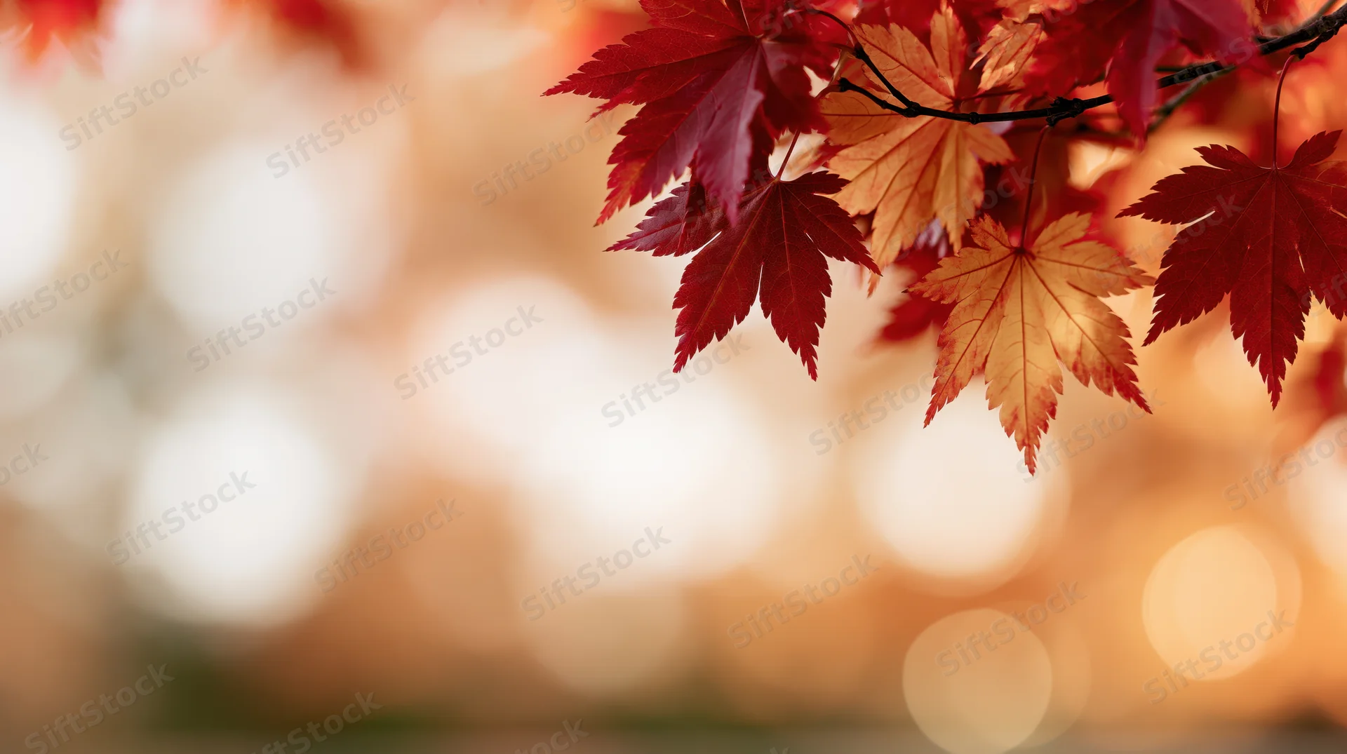 Red and orange maple leaves on a branch against a blurred warm bokeh background