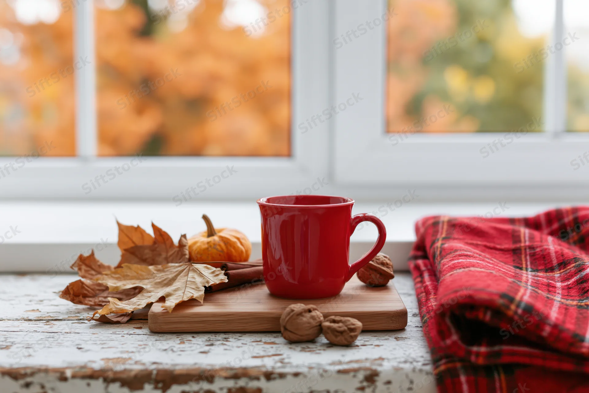 Red ceramic mug on wooden cutting board with autumn leaves and walnuts by window