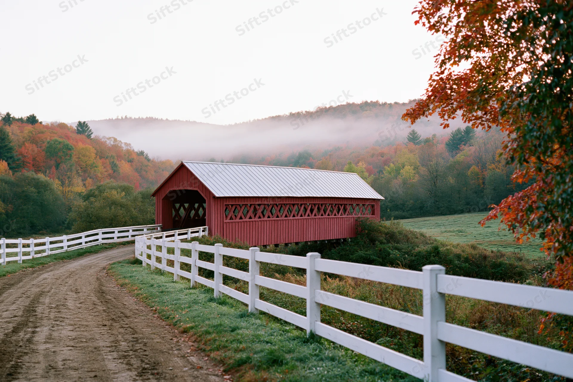 Red covered bridge with metal roof along a dirt road in a foggy rural landscape surrounded by autumn trees and white fence