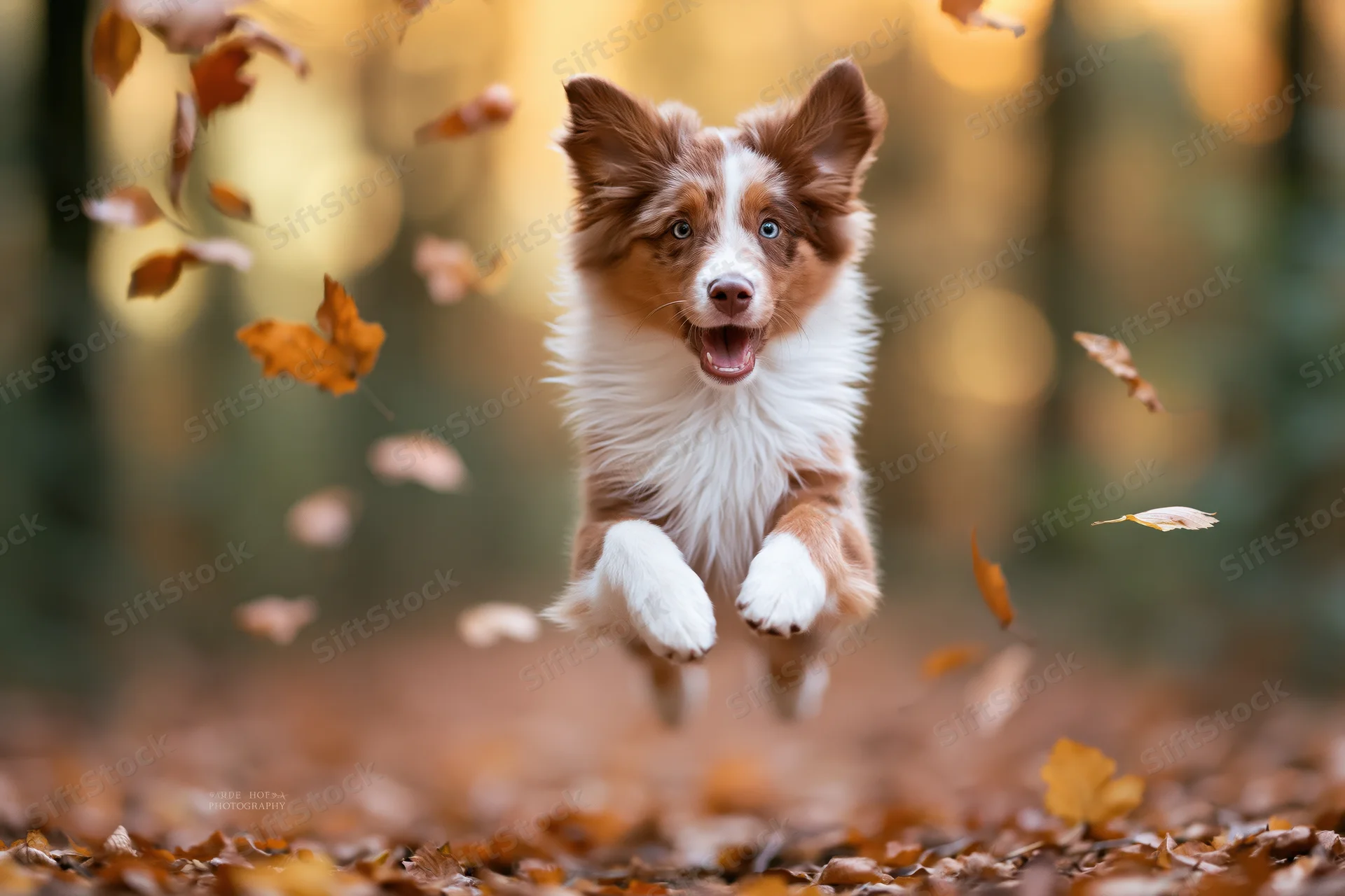 Red merle australian shepherd puppy mid-leap running through autumn leaves in forest