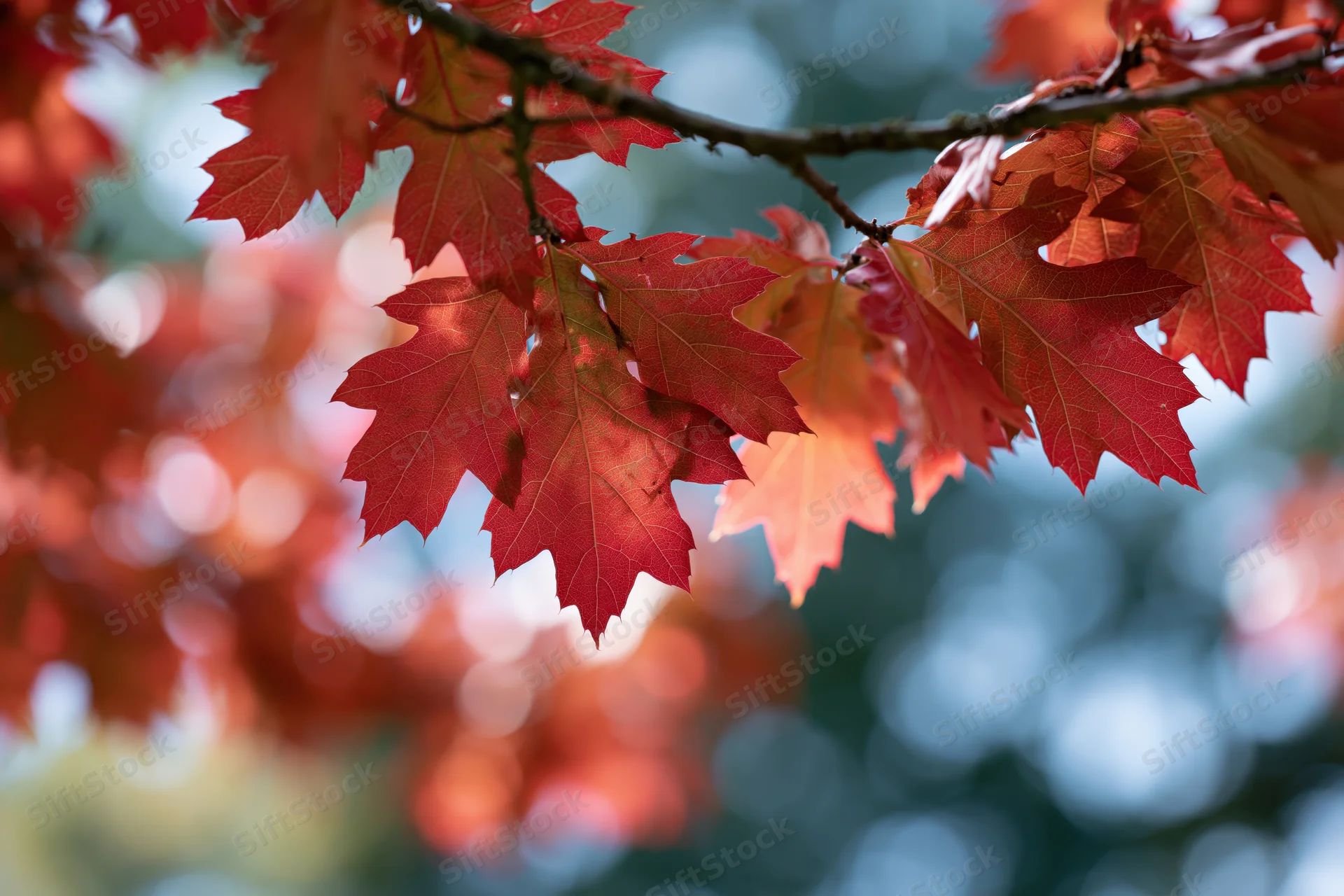 Red oak leaves in peak autumn color on a branch against a blurred forest background