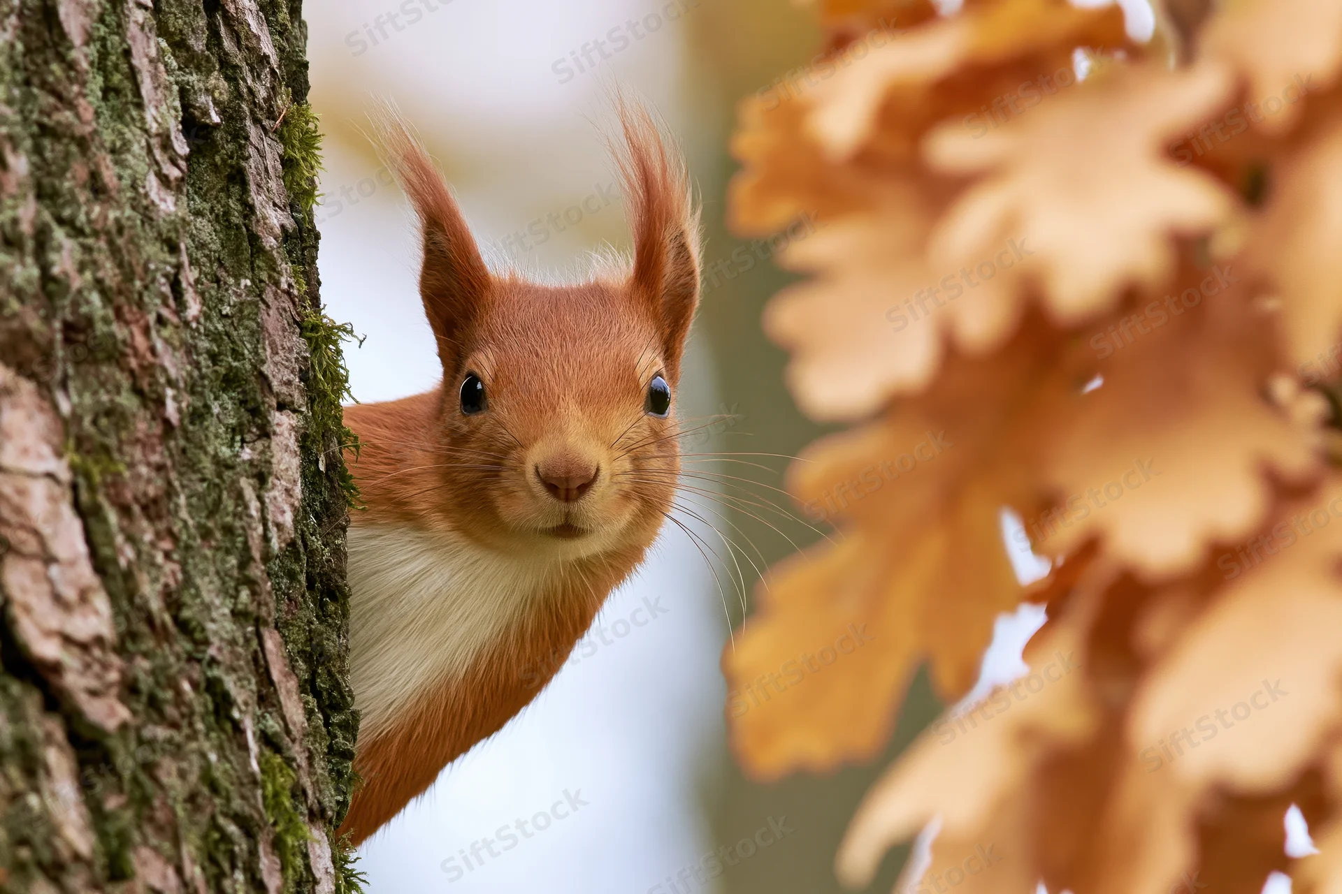Red squirrel peeking from behind mossy tree trunk in autumn forest