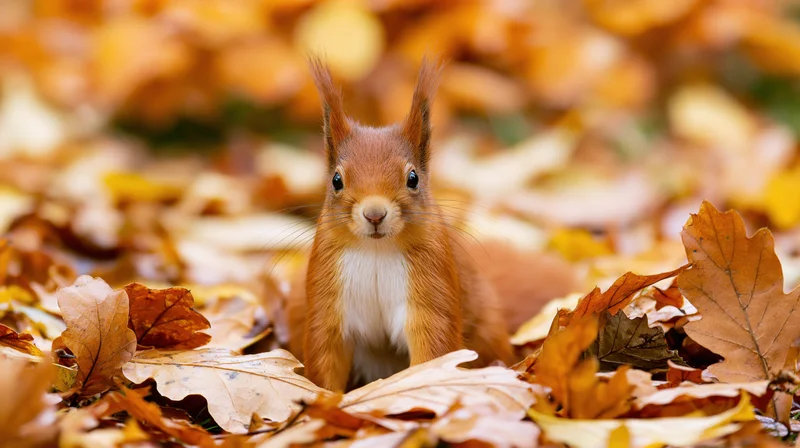 Red squirrel sitting alert among fallen autumn leaves in a forest clearing