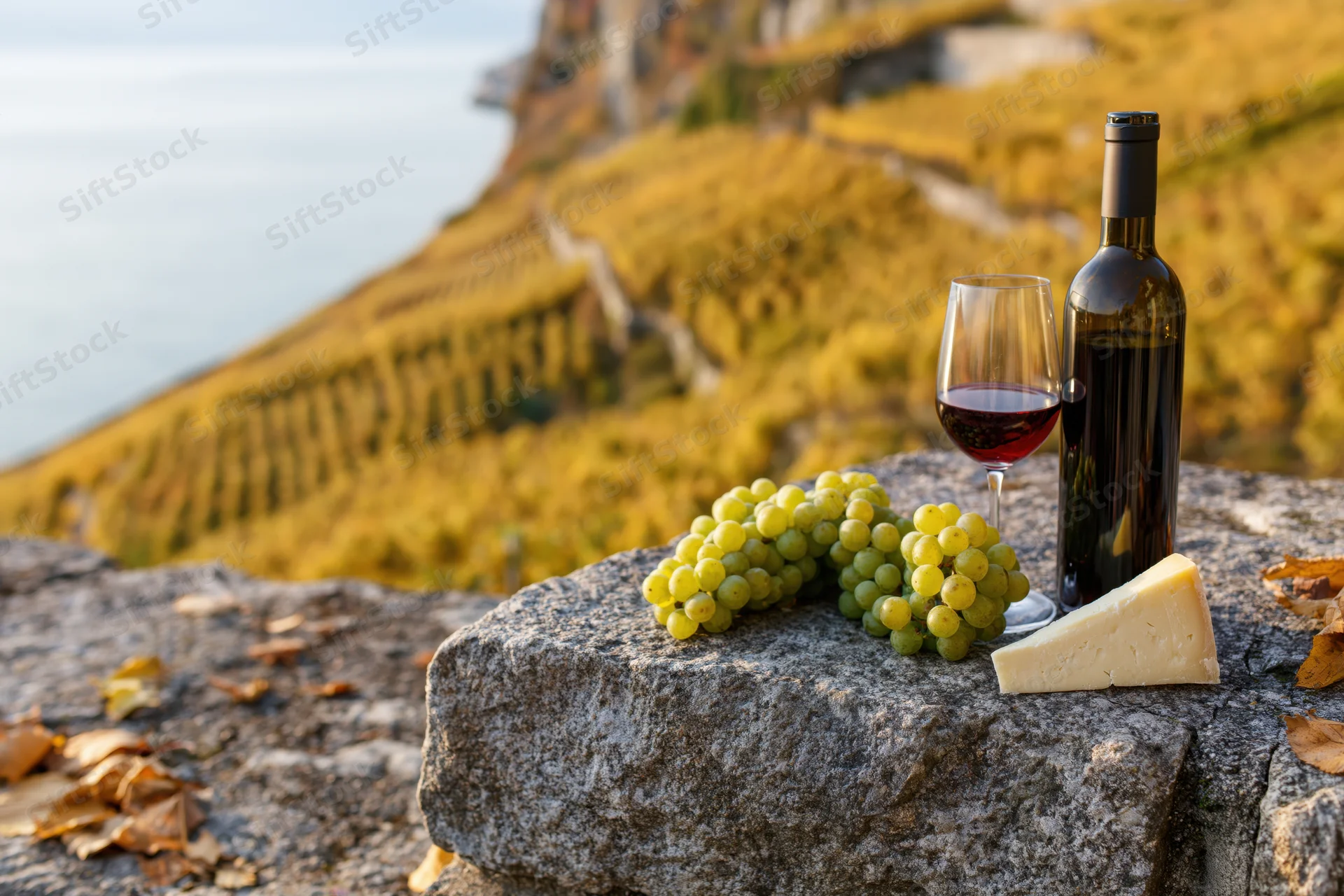 Red wine bottle and glass with green grapes and cheese on a rock overlooking a vineyard hillside