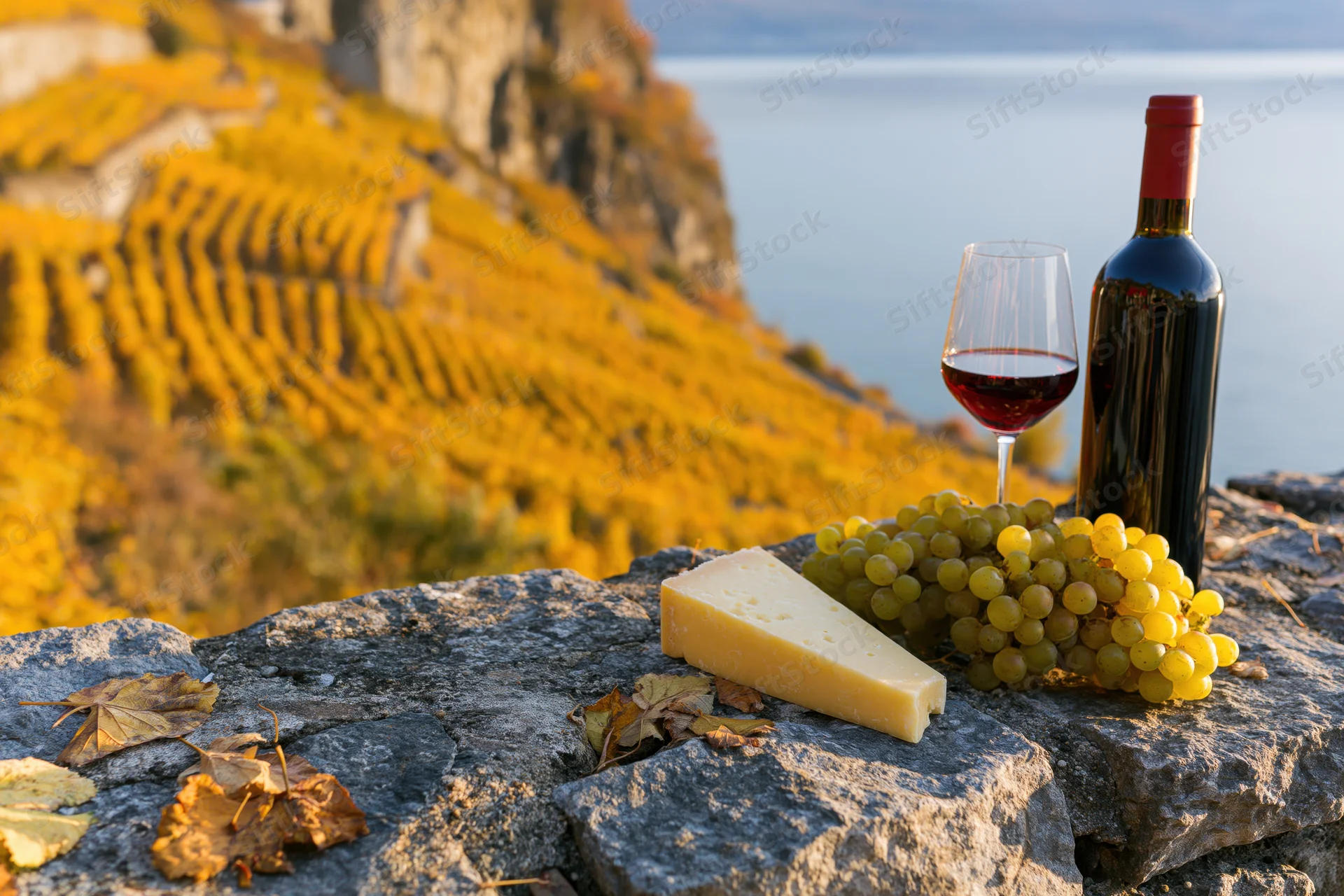 Red wine bottle and glass with grapes and cheese on stone ledge overlooking autumn vineyard by lake