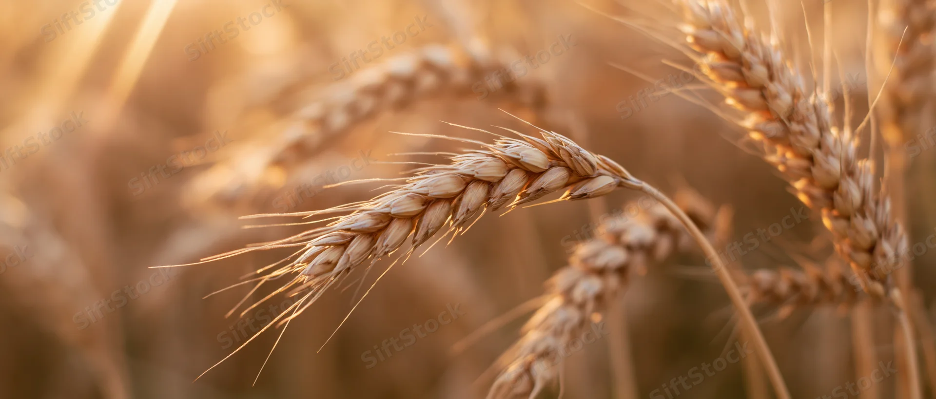 Closeup of ripe wheat stalks with heavy grain heads in a sunlit field