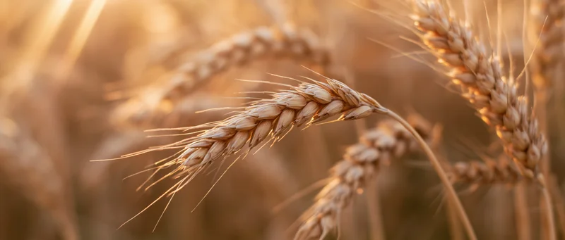 Closeup of ripe wheat stalks with heavy grain heads in a sunlit field