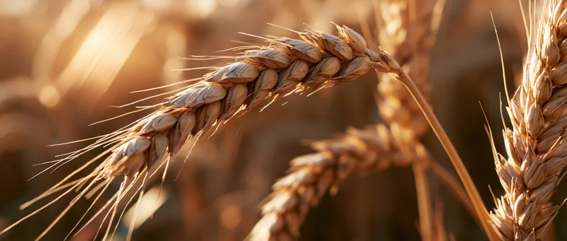 Closeup of ripe wheat stalks with heavy grain heads in a sunlit field