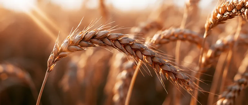 Closeup of ripe wheat stalks with heavy grain heads in a sunlit field