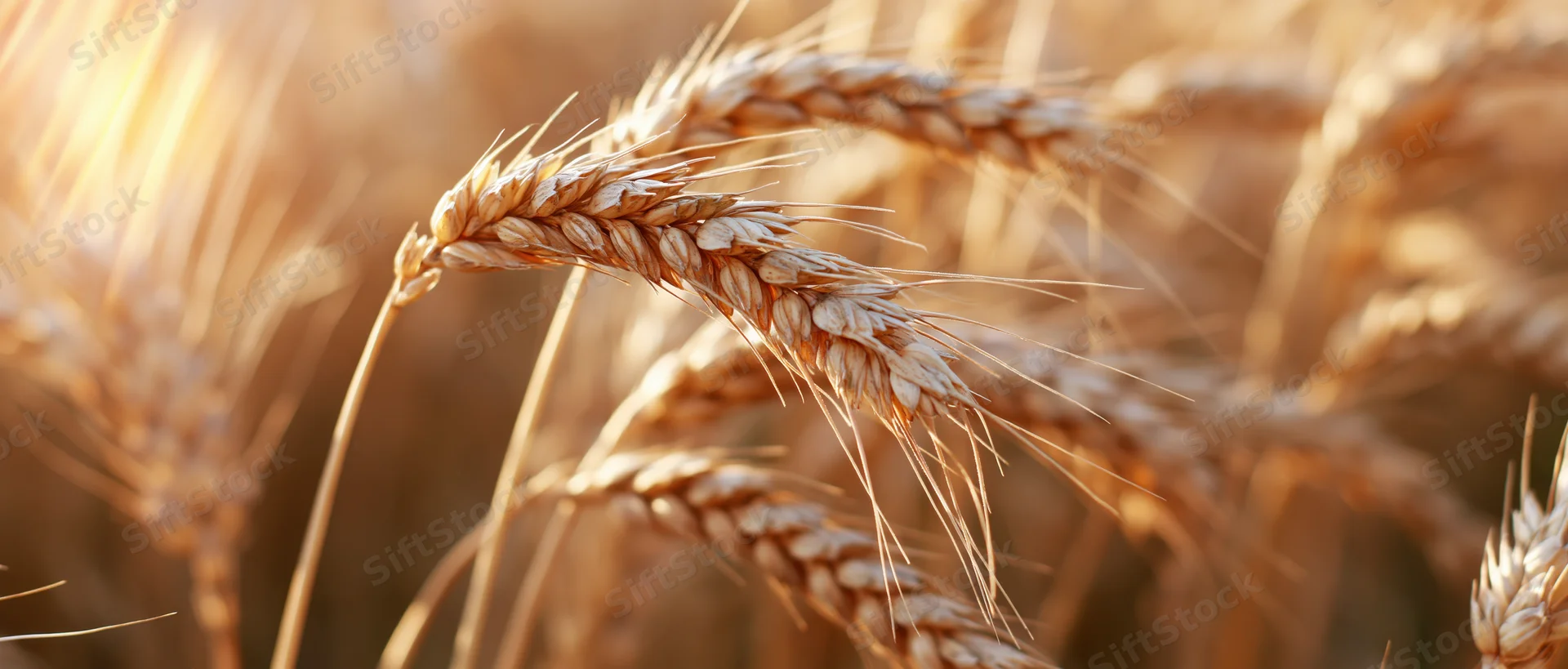 Closeup of ripe wheat stalks with heavy grain heads in a sunlit field