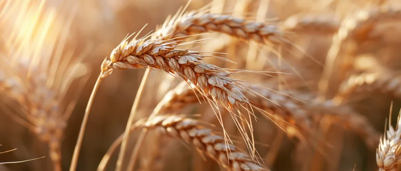 Closeup of ripe wheat stalks with heavy grain heads in a sunlit field