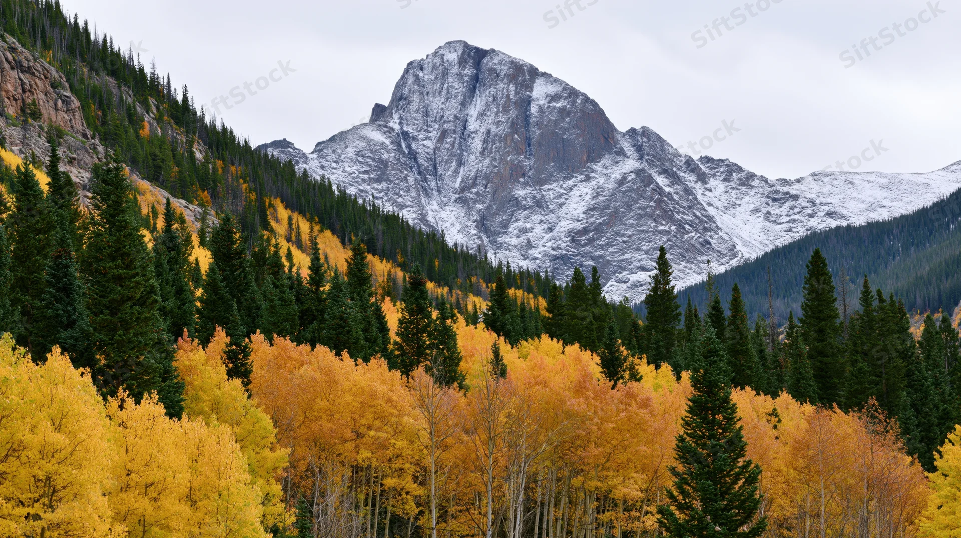 Snow-dusted mountain peak rising above autumn forest of aspen and evergreen trees