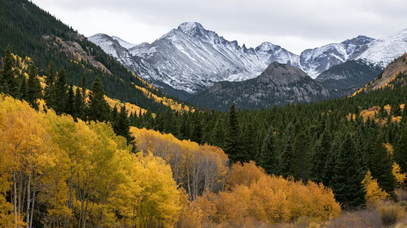 Snow-capped mountain peak rising above autumn forest in alpine valley