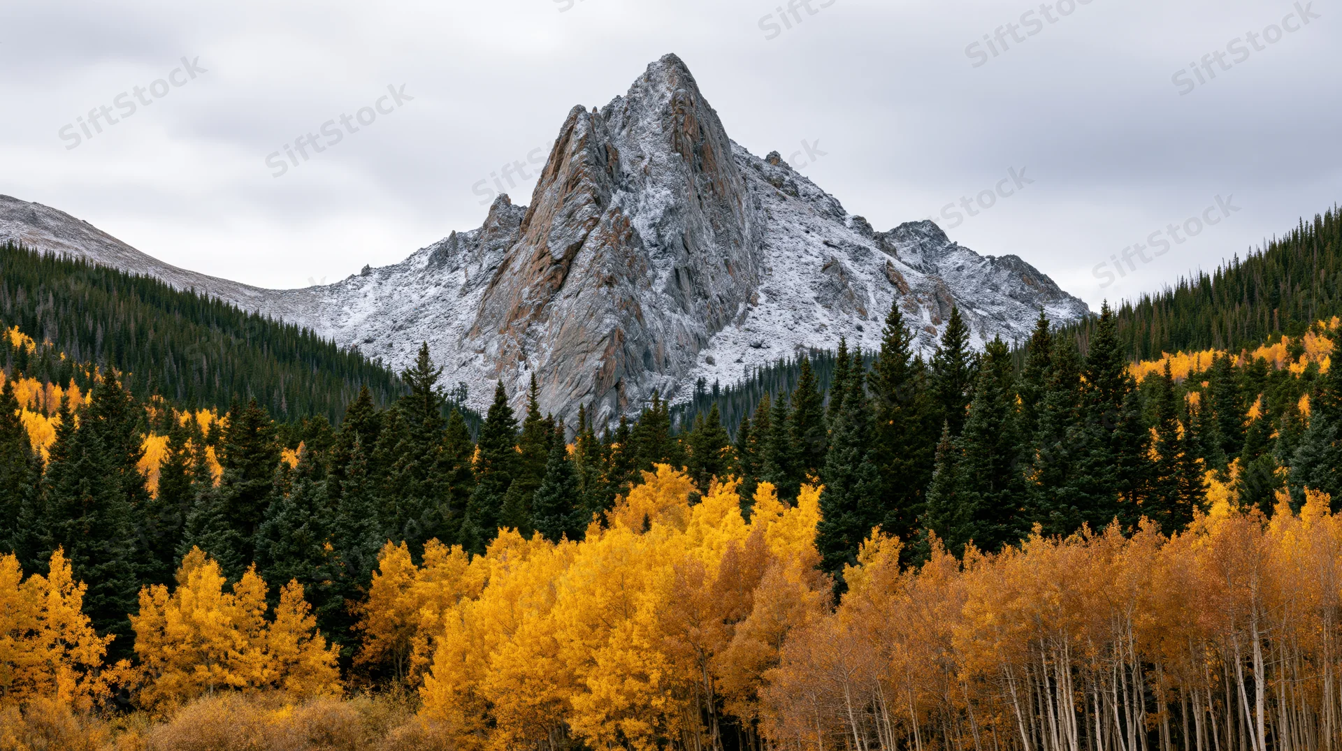Rocky mountain peak with snow rising above autumn forest of yellow aspen and evergreen trees