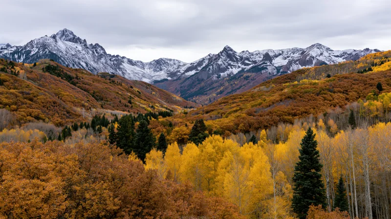 Autumn-colored aspen forest in a mountain valley with snow-capped peaks under cloudy sky