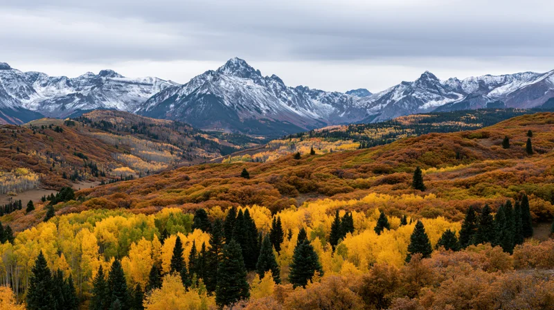 Autumn-colored aspen forest in a mountain valley under overcast sky