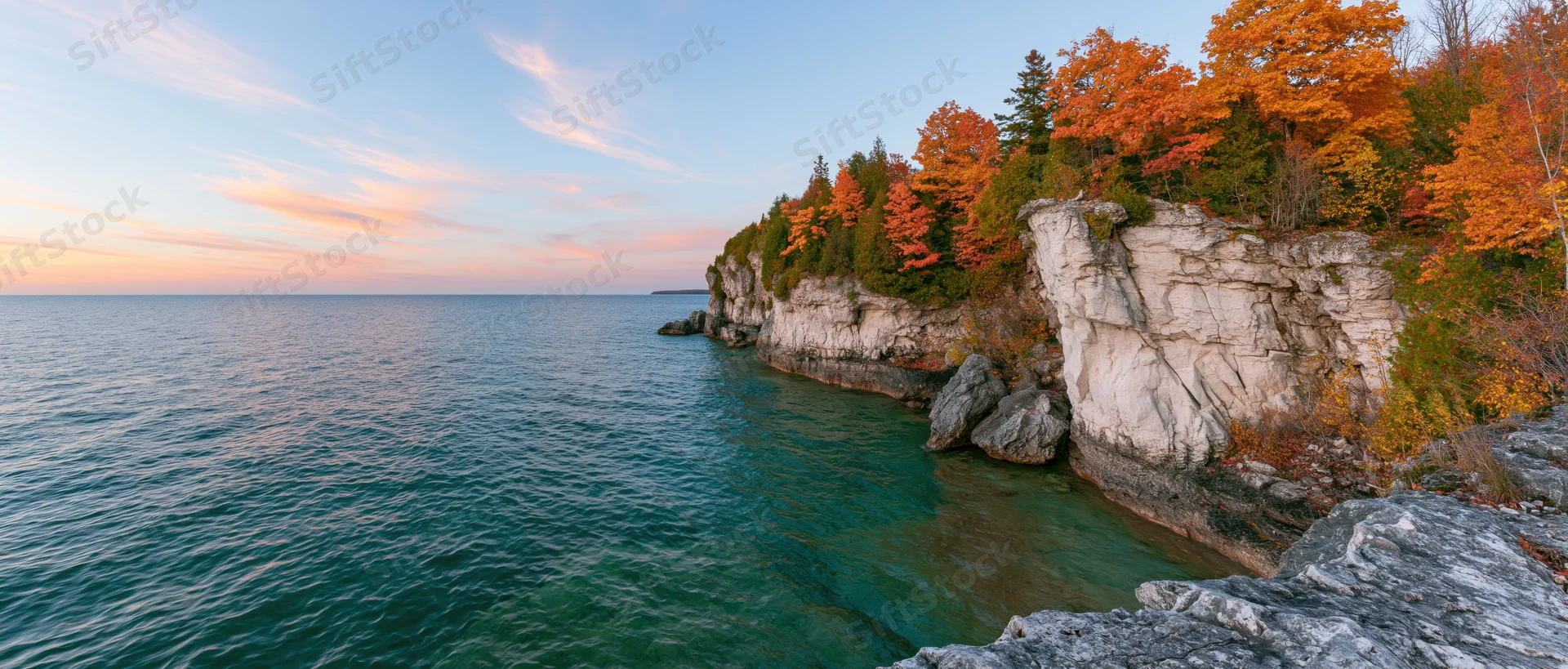 Rocky limestone cliff along a turquoise freshwater lake with autumn trees at sunset
