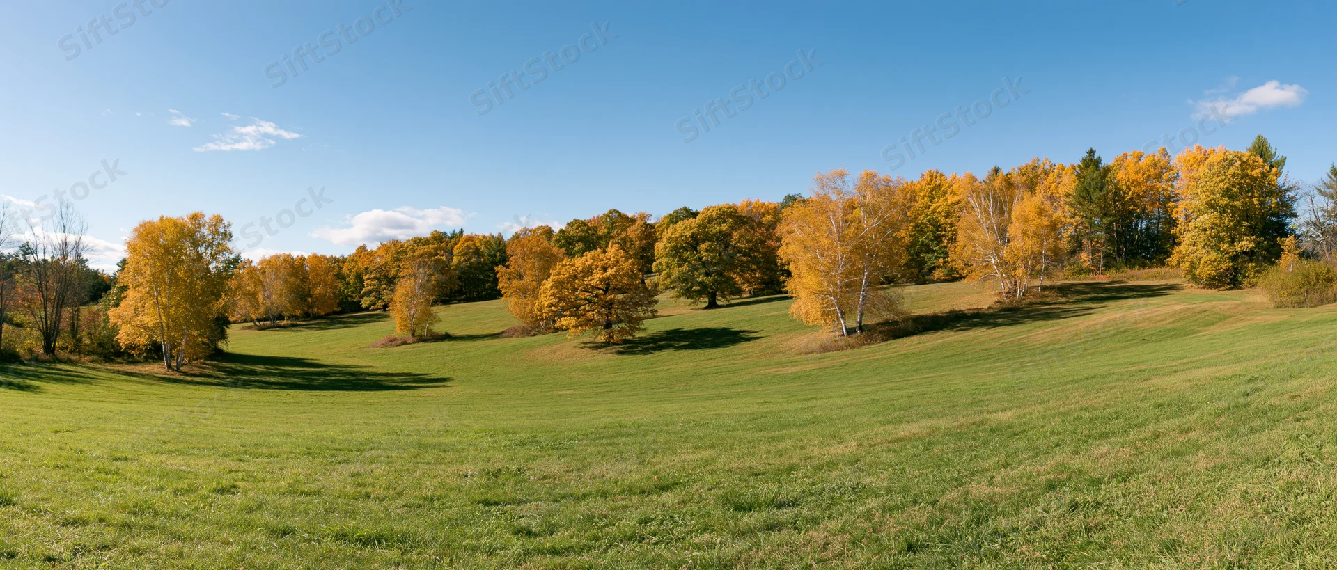 Rolling countryside with scattered birch and oak trees in autumn foliage under a clear blue sky
