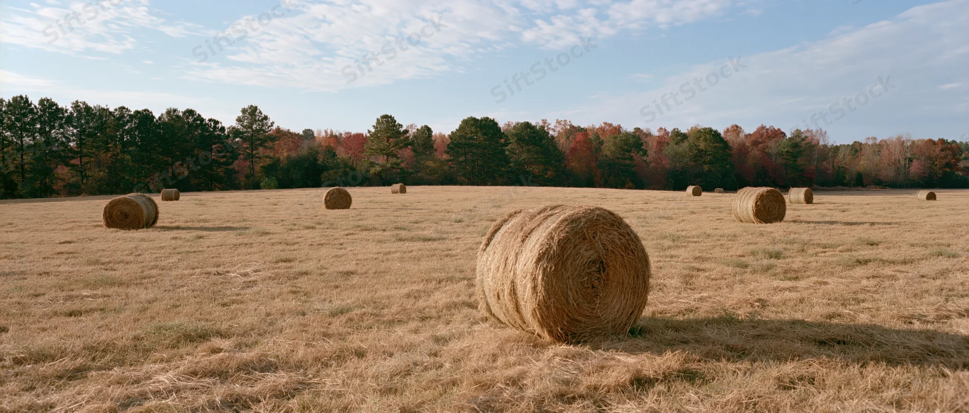 Round hay bales scattered across a wide open pasture under a partly cloudy sky in autumn