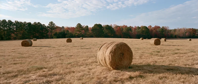 Round hay bales scattered across a wide open pasture under a partly cloudy sky in autumn
