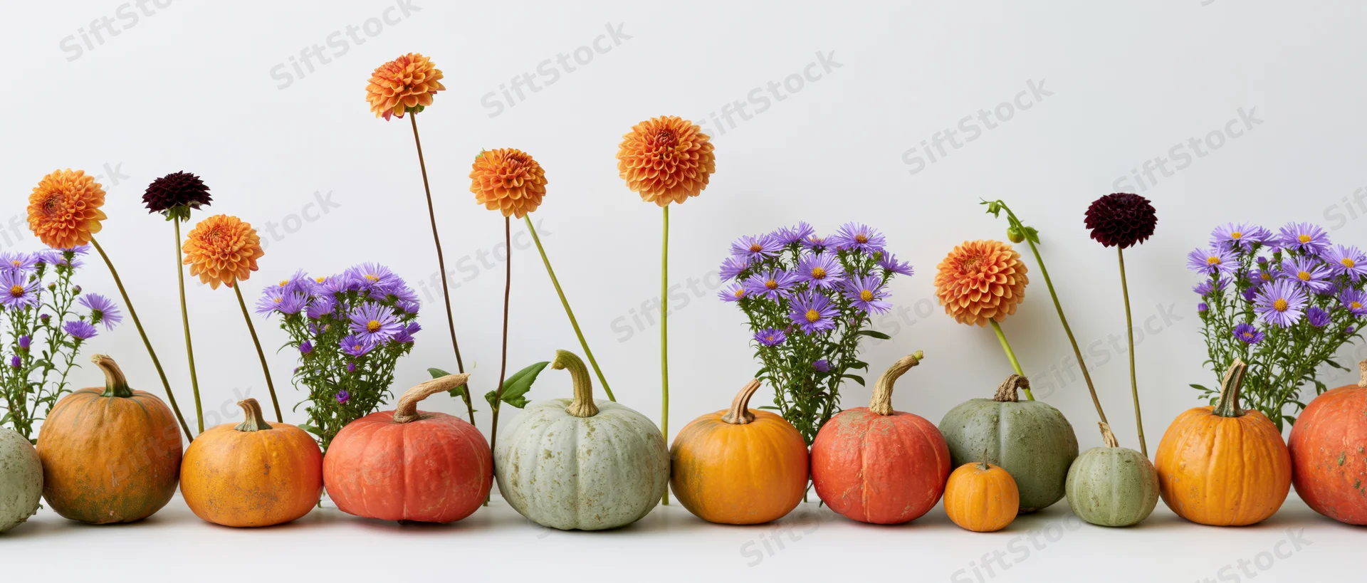 Row of pumpkins and squashes with autumn flowers arranged in a line on a white surface