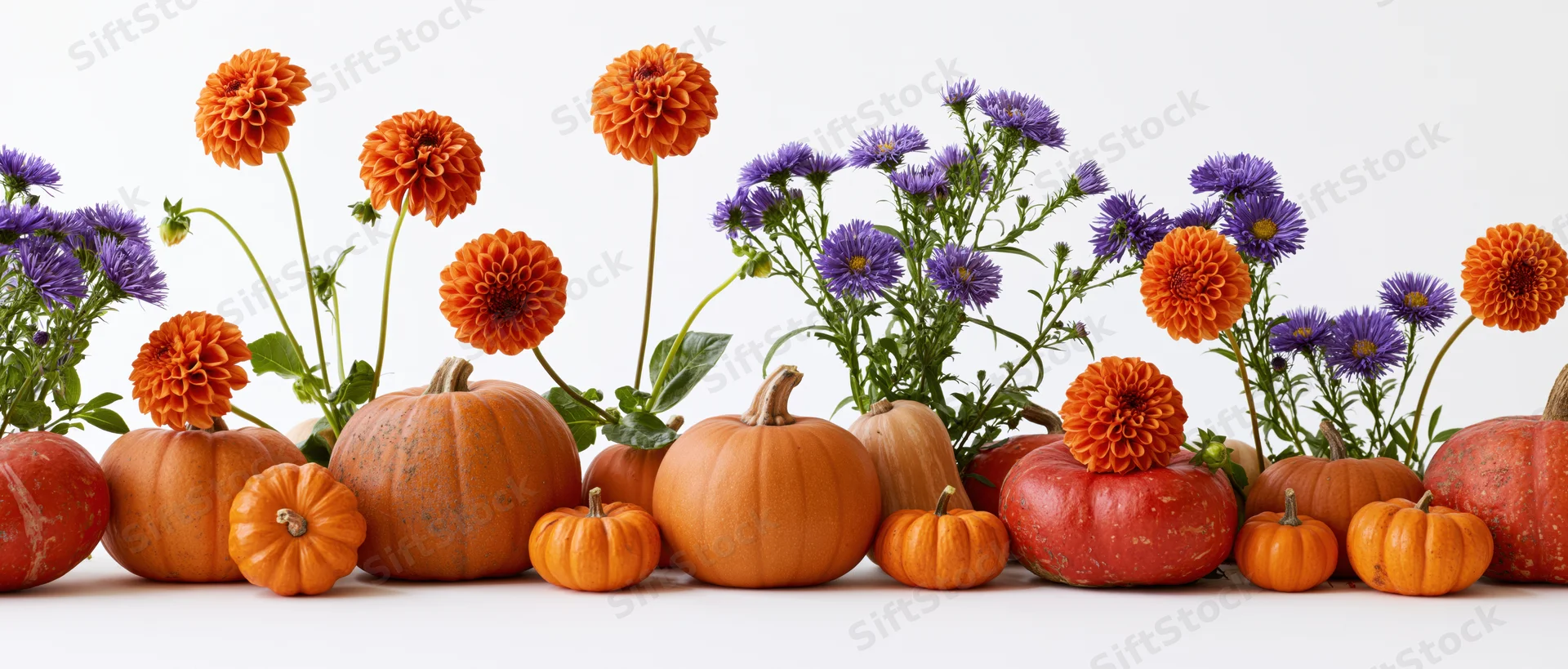 Row of pumpkins and squashes with orange dahlias and purple asters arranged on white surface