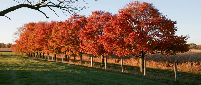 Row of maple trees in peak autumn color lining a rural farm field