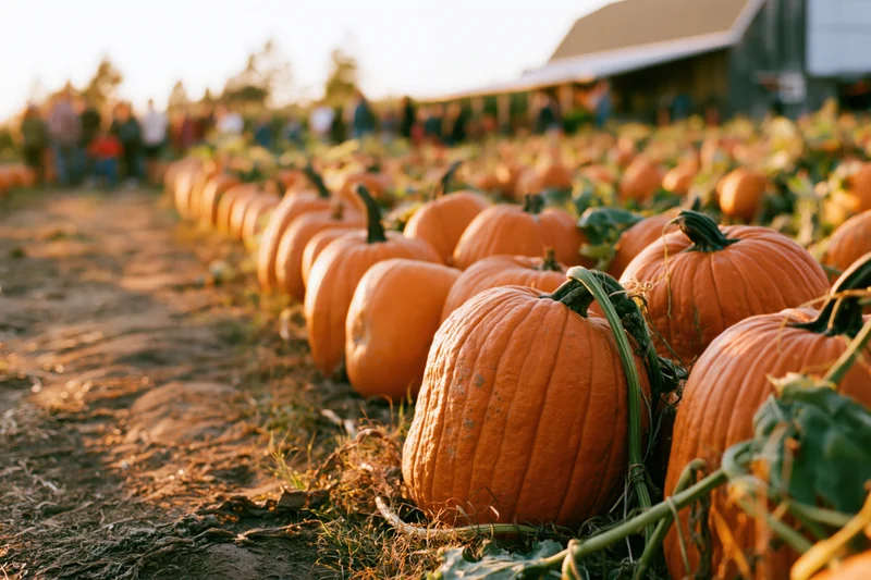 Row of orange pumpkins lining a dirt path at a rural farm field in autumn