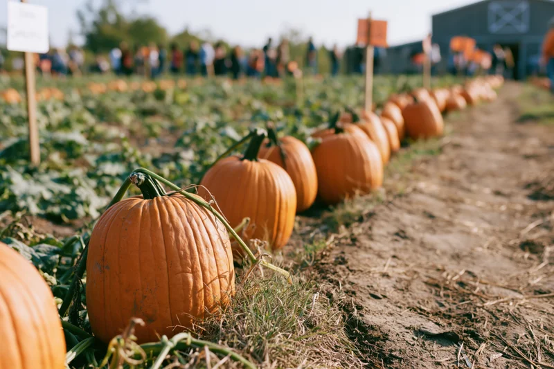Row of orange pumpkins lining a dirt path in a rural farm field
