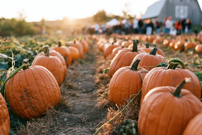 Rows of orange pumpkins lining a dirt path in a rural farm field at sunset