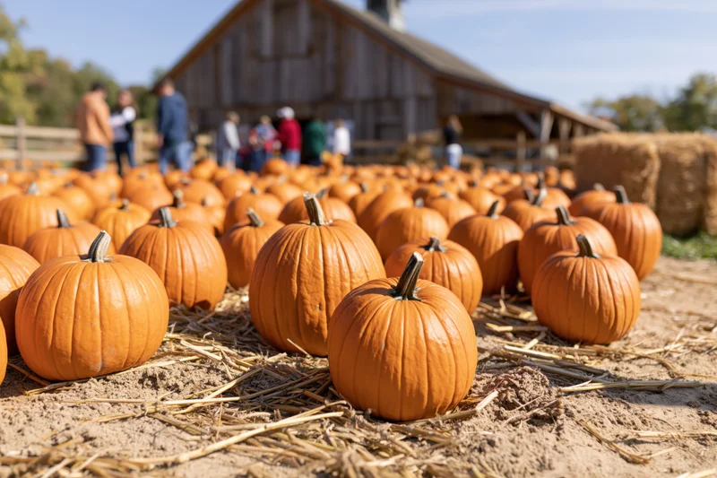 Pumpkins arranged in rows on straw-covered ground at a farm with a barn and people in the background